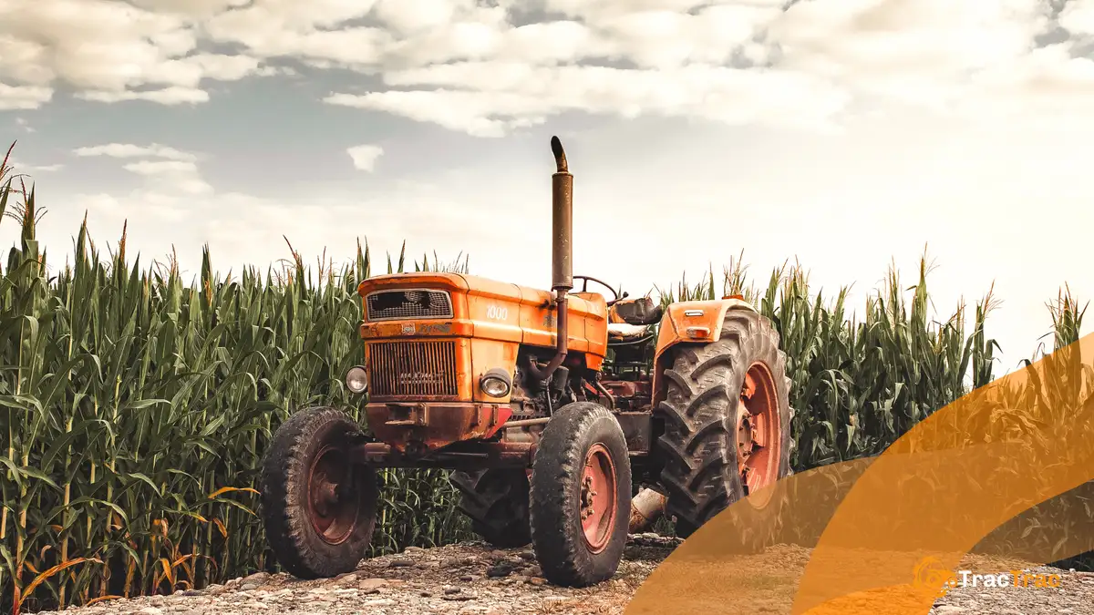 orange tractor parked beside long maize plants